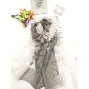 Elegant grey and white burnout floral lace scarf with a long patchwork design for women