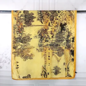 Golden yellow silk-like satin scarf featuring vintage Chinese landscape painting print
