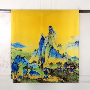 Detail of ethnic style satin shawl featuring a vibrant Chinese landscape painting