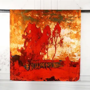 Macro view of artistic square scarf featuring vibrant red tree oil painting on silky fabric.