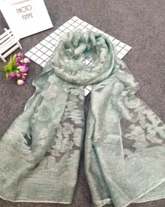 Close-up detail of a mint green devore scarf featuring intricate floral patterns and textures