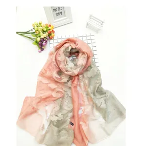 Macro detail of elegant pink and grey gradient scarf with intricate lace floral patterns