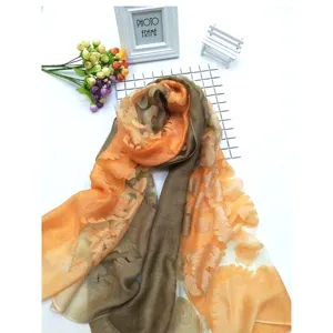 Detail showing the intricate cut-flower floral pattern on a color-block silk scarf