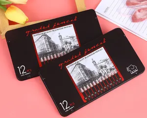 Detail view of the 12-piece graded drawing pencil set in a black metal tin case