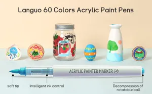 Vue détaillée de marqueurs acryliques 60 couleurs avec pointe souple et objets décorés DIY