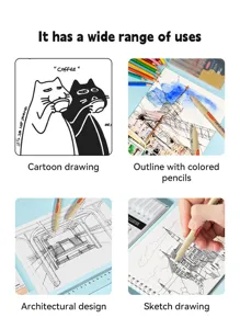 Detailed views showing art fineliner pens used for sketching, cartoons, and architectural design.