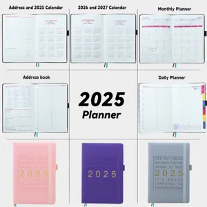 Agenda diaria 2025 en inglés con diseños mensuales, calendarios y opciones de color