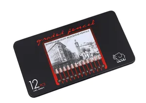 Professional 12-piece graphite sketching pencil set in a sleek black metal storage tin