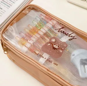 Detail view of large capacity pencil case with cute bear and transparent window