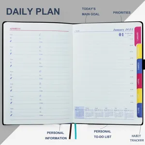 Vista interior detallada de la agenda 2025 con página de horario diario y contactos