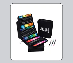 120 PCS dual brush pen set for professional drawing with a black portable storage case.