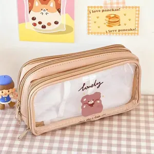 Large capacity multi-layer transparent pencil case with cute bear design