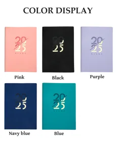 Visualización de colores del cuaderno diario A5 2025 en rosa negro púrpura marino y azul