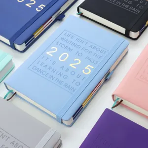 Agenda 2025 Diaria Formato A5 Cuaderno Cuero Sintético Tapa Dura Con Pestañas de Índice Mensual Banda Elástica Agenda Inglés para Oficina Escuela Regalo