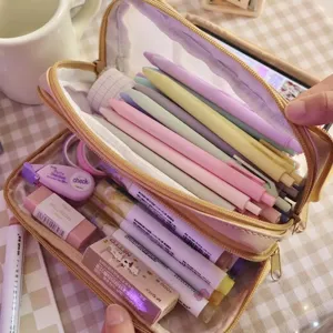Large capacity multi-layer transparent pencil case with cute pastel stationery items
