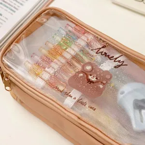 Large capacity transparent PVC stationery pencil case with a cute bear and lovely text design