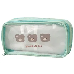 Large capacity mint green PVC transparent pencil case with cute cartoon bear design