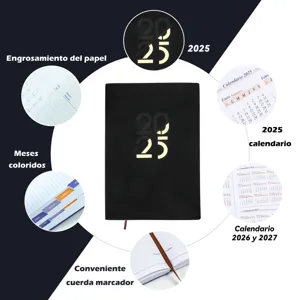 Agenda diaria 2025 A5 con páginas interiores en español y pestañas mensuales de colores