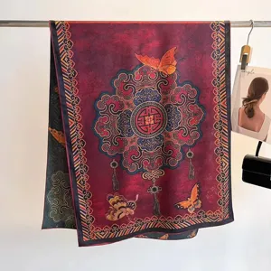 Close-up of a burgundy silk scarf with vintage Chinese floral and butterfly patterns