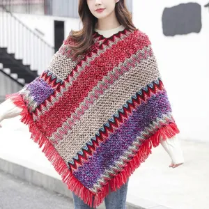 Retro Ethnic Wavy Pattern Pullover Poncho Shawl With Tassels Yarn Knitted Loose Warm Winter Scarf For Women Holiday