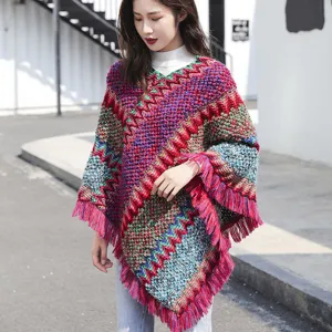 Women's colorful ethnic style knitted poncho with wave patterns and fringes