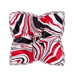 Square silk scarf with red, black, and white abstract wave patterns for career wear