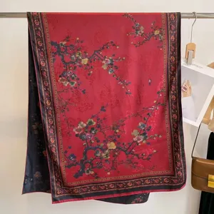 Vintage red mulberry silk scarf featuring plum blossom print and premium hand-rolled edges