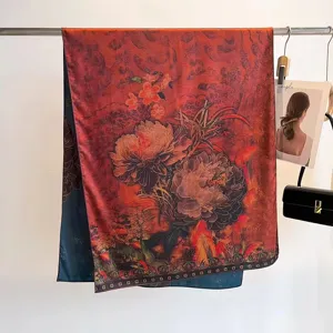 Double-sided premium silk scarf with vintage floral peony print and hand-rolled edges
