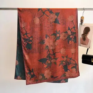 Vintage floral print Xiangyun silk scarf for women featuring elegant hand-rolled edges