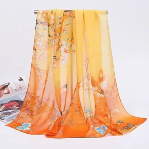 Elegant chiffon long scarf with orange floral and magpie bird print for women