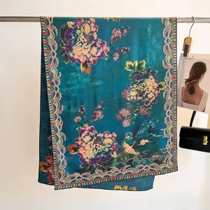 Luxe mulberry silk scarf detail featuring vintage peony and crane floral patterns