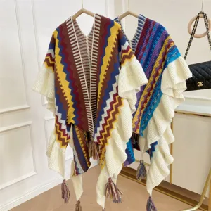 Damen Ethnisch Mohair Quasten Schal Cape Bohemian Zickzack Gestricktes Poncho Offene Vorderseite Langer Cardigan Winter Warmer Wickelschal