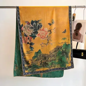Detail showing the intricate floral and mountain landscape print on a retro silk scarf