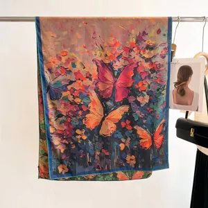 Oil painting style silk scarf with vibrant butterfly and floral print details