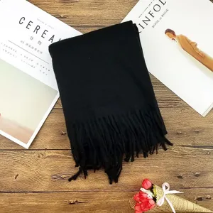 Premium minimalist black solid thick scarf with tassels for cozy winter warmth and style