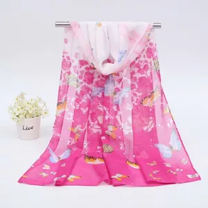 Elegant pink butterfly and floral print women's chiffon long scarf for spring summer
