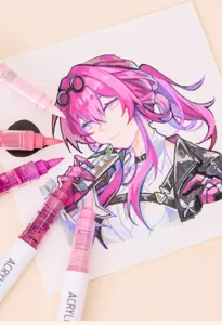 Gros plan de marqueurs acryliques rose et violet à côté d'un dessin de personnage d'anime