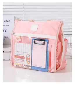 Close-up detail of the pink scrunchie ita bag transparent window showing markers and notes