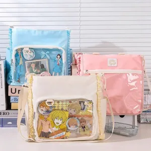 Large capacity lace ita-bag crossbody shoulder bag with dual transparent display window