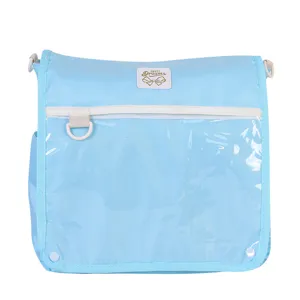 Large light blue Ita messenger bag with a clear transparent window for badge storage