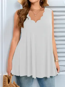 White sleeveless plus size tank top with scallop V-neck trim detail