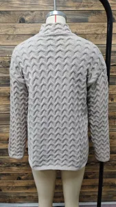 Detailed back view of a retro cable-knit sweater featuring a wave pattern and stand collar