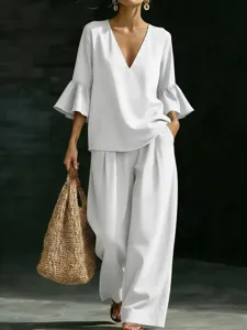 Women Casual Top And Bottom V-Neck Short Sleeve Top And High Waist Wide-Leg Pants Solid Color Polyester Summer Outfit