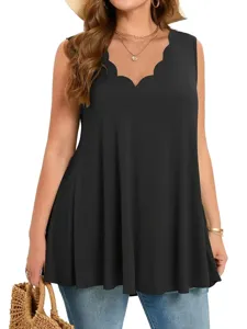 Close-up of black plus size sleeveless tank top with elegant scalloped V-neckline
