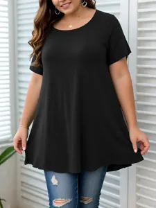 Detailansicht der Damen Plus-Size Schwarz Rundhalsausschnitt Kurzarm Tunika T-Shirt