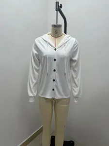 Women's white casual thin hooded cardigan with long sleeves and black buttons front view
