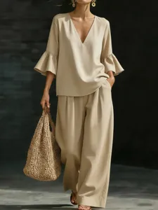Elegant summer beige V-neck cotton linen two-piece set with flared sleeves and wide-leg pants