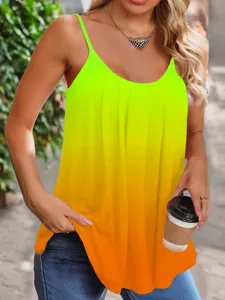 Close-up of women's summer pleated camisole with a vibrant yellow to orange gradient design.