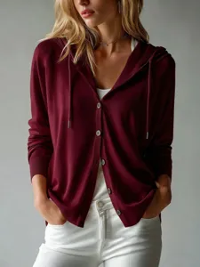 Detailed view of maroon long-sleeved button-down hooded cardigan for women