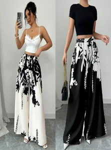 Women Casual High Waist Wide Leg Printed Pants Bohemian Botanical Floral Pattern Trousers Summer Holiday Beach Pants